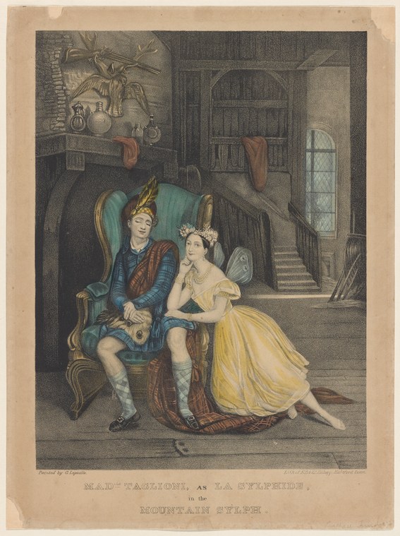 Hand-colored engraving: a young woman in a pale yellow skirt reclines against a seated man in blue and red silks in a grand interior, in an attitude of