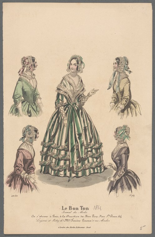 Hand-colored engraving of six fashionably dressed women in 1840s dress, five arranged around a central standing figure wearing a striped skirt and ornate