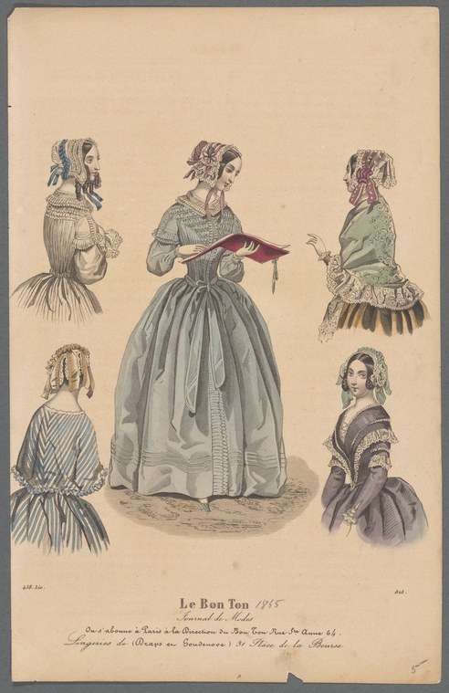 Hand-colored fashion plate showing a woman in an 1840s ball gown with voluminous skirt, surrounded by four studies of fashionable hairstyles.