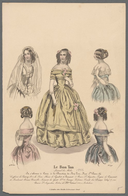 Hand-colored engraving showing five women's figures in 1840s evening dress with narrow waists and full skirts, from fashion journal Le Bon Ton.