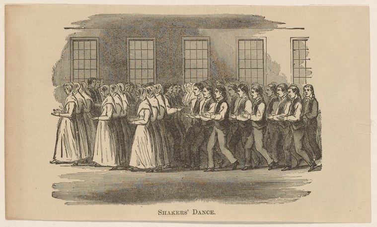 A 19th-century engraving shows about twenty Shakers in a long line, women on the left in white dresses and men on the right in dark coats, many with arms