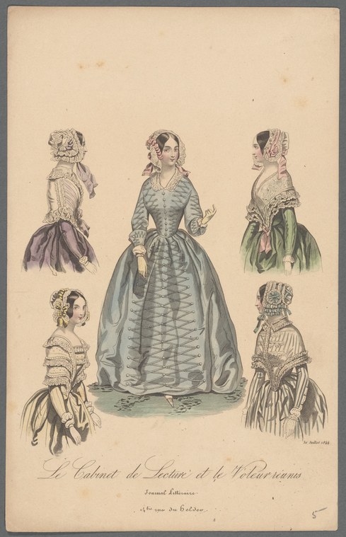 Six women in 1840s dress arranged around a central figure wearing an elaborate gown with bonnet; five subsidiary figures show variations of bonnets and shawls