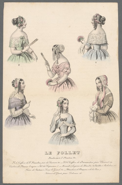 Seven women in 1840s dress posed to display fashionable silhouettes, holding fans and parasols against a plain background.
