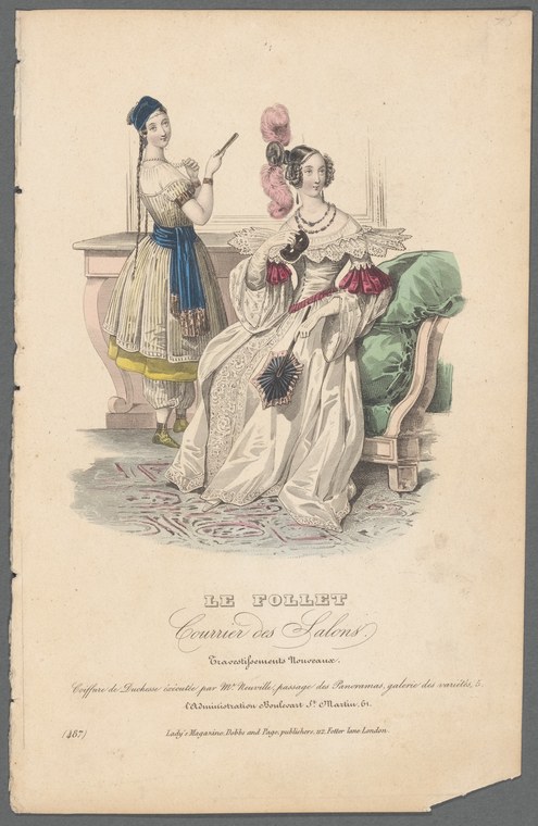 Two fashionably dressed women in a drawing room: one standing in muslin and blue sash, one reclining in white silk with magenta bows.