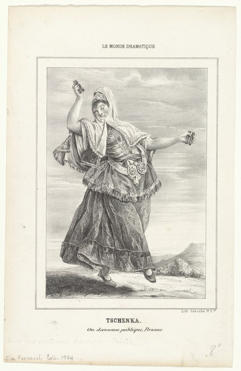 Female dancer in long embroidered robe and white headscarf, right arm raised near head, left arm extended, against a distant mountain landscape.