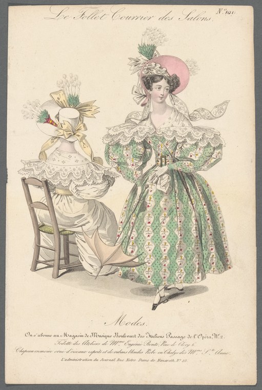 Two fashionably dressed women in a Regency salon: one seated in an ornate chair, the other standing, both displaying elaborate gowns, lace, and feathered