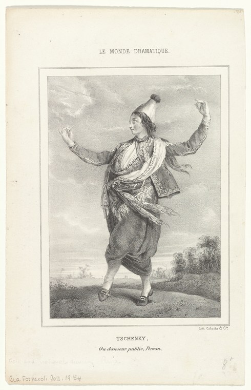 Single figure in Persian costume, arms raised in open expressive pose, wearing embroidered robe and tall hat, standing in landscape.
