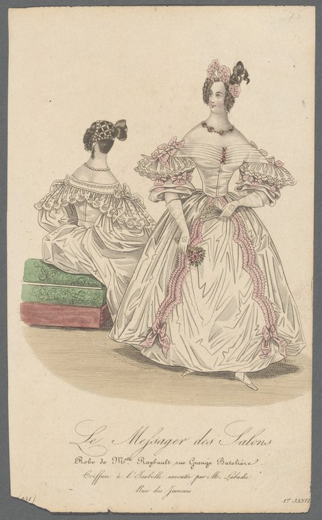 Two women in 1840s ballroom dress: one standing in a graceful pose holding a fan, one seated. Both wear pale silk gowns with off-shoulder sleeves and
