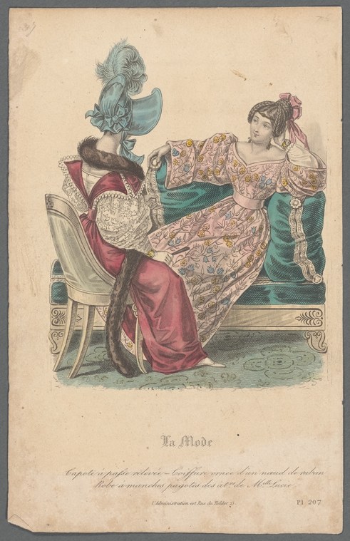 Hand-colored engraving of two fashionably dressed women: one seated in repose, one standing with lifted posture and extended leg.