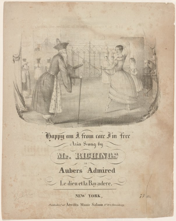 A theatrical engraving showing two figures in elaborate costume in an ornate interior: a woman in a pale gown gesturing expressively and a man in flowing robes