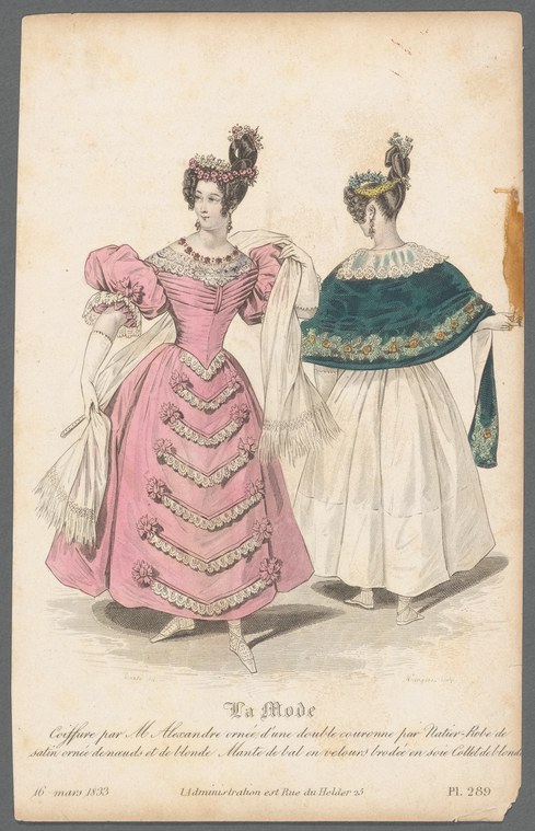 Two fashionably dressed women in profile stand in formal presentation poses against a plain background, modelling 1830s evening wear.