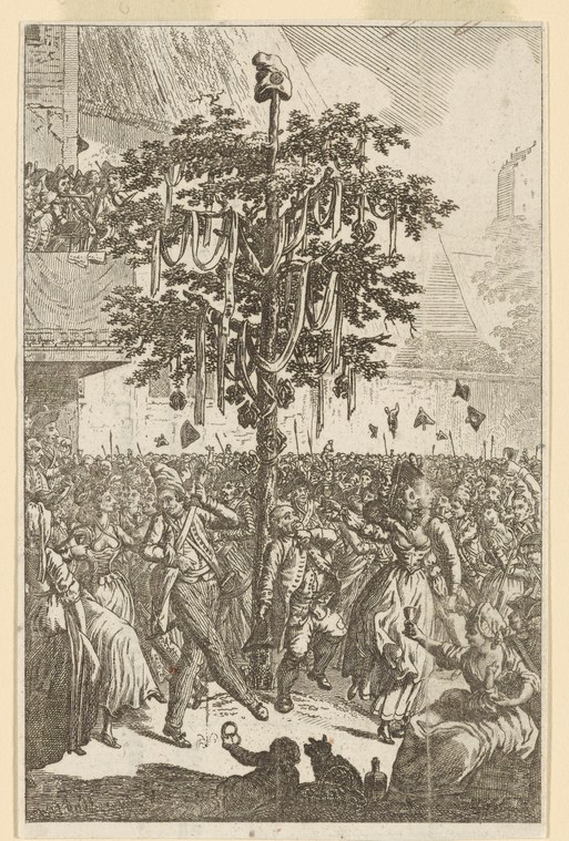 Engraving of a dense crowd gathered around a tall pole topped with a Phrygian cap, arms raised in celebration, late 18th century.