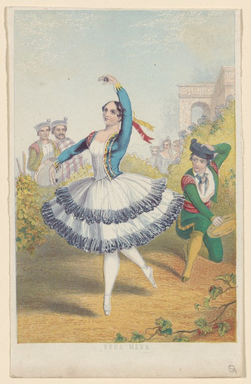 Hand-colored engraving of a female ballet dancer in a white tutu, mid-leap with one leg extended high, pointe shoes, blue jacket, arms raised in classical