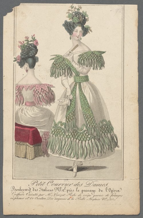 Two women in high-waisted silk gowns with exaggerated fringed sleeves, posed for a Regency-era fashion plate.