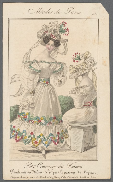 Hand-colored engraving of a fashionable woman in an 1830s gown with floral ornament, standing in a refined pose.