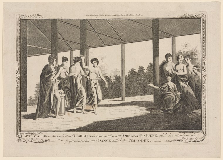 Engraving showing Captain Wallis and Europeans observing Tahitian dancers in a pavilion, with Queen Oberea seated on the right.
