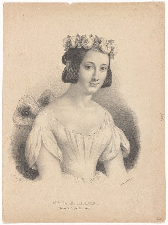 Portrait of a young woman in theatrical costume with floral wreath, puffed sleeves, and large ornamental wing pieces, identified as a circus performer.
