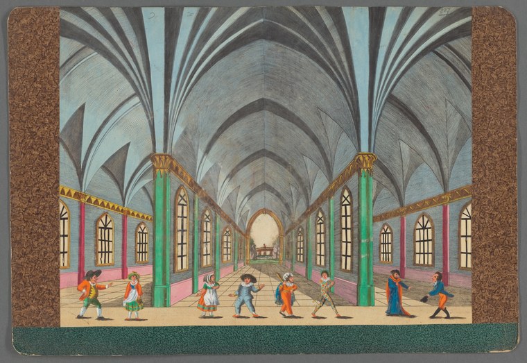 Eight costumed figures stand in a line within a Gothic cathedral interior; architectural perspective recedes to a distant light source.