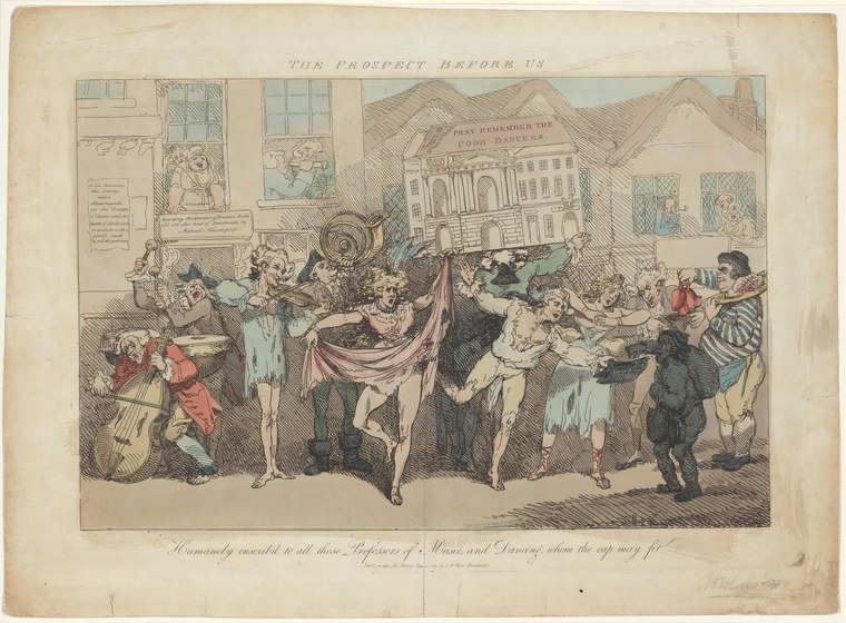 Hand-colored Regency-era engraving showing a chaotic indoor scene with a near-naked central figure surrounded by jeering, gesturing spectators in exaggerated