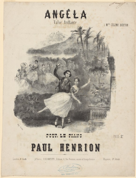 Lithograph of a female dancer in white tulle and dark jacket poised in an arabesque against a hazy tropical landscape, from a mid-19th-century Parisian sheet