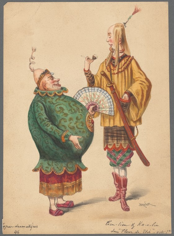 Two figures in ornate Asian-inspired theatrical costumes face each other; one holds a fan, the other a small pipe or instrument.