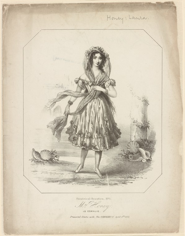 A woman in Romantic ballet dress stands barefoot in a sparse landscape, wearing a flower crown and billowing shawl.