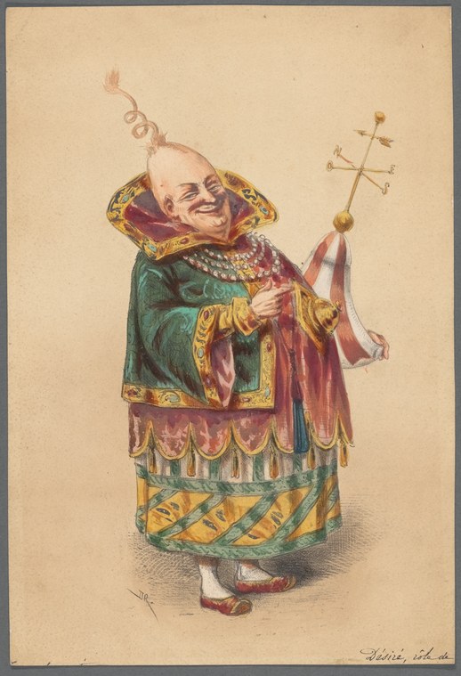A stout smiling figure in elaborate green and purple brocaded theatrical costume holds a staff with ribbons aloft.