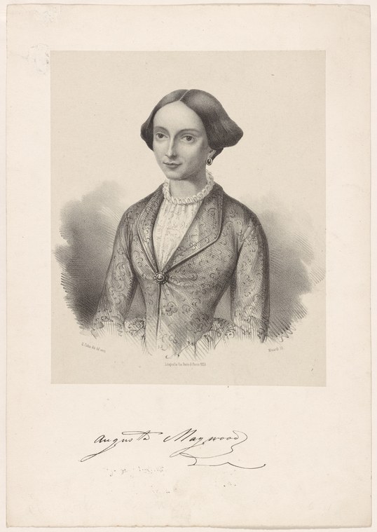 Engraved portrait of a young woman in mid-nineteenth-century dress, identified as ballerina Augusta Maywood.