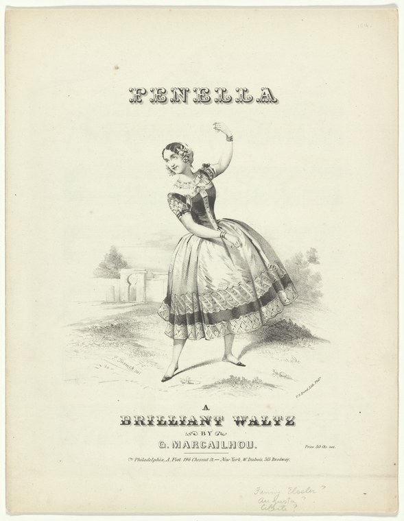 A young woman in a full-skirted ball gown turns gracefully, her left arm raised, against a background of classical columns.