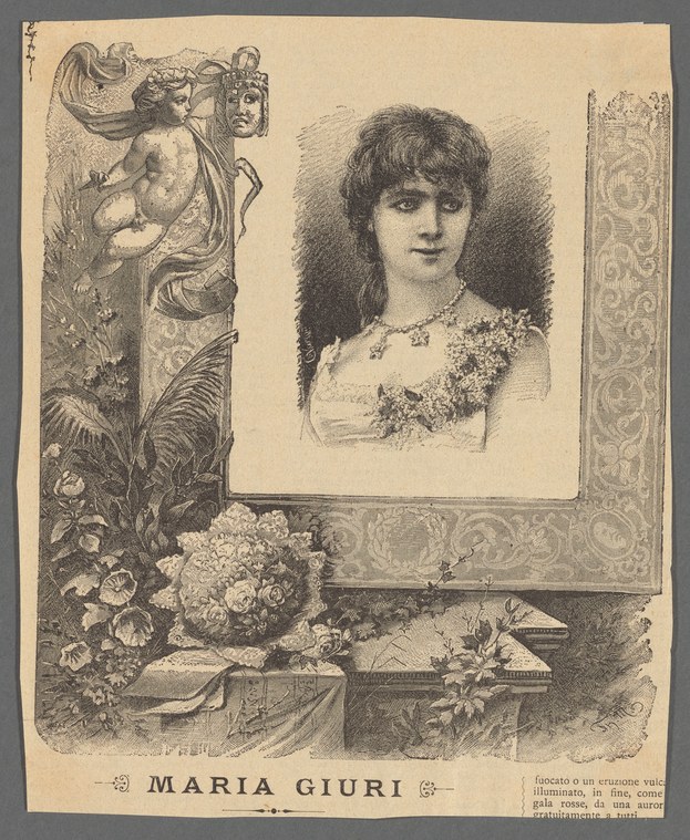 Engraved portrait of a young woman with long dark hair wearing a light dress with floral details, surrounded by an ornate classical frame with a winged figure