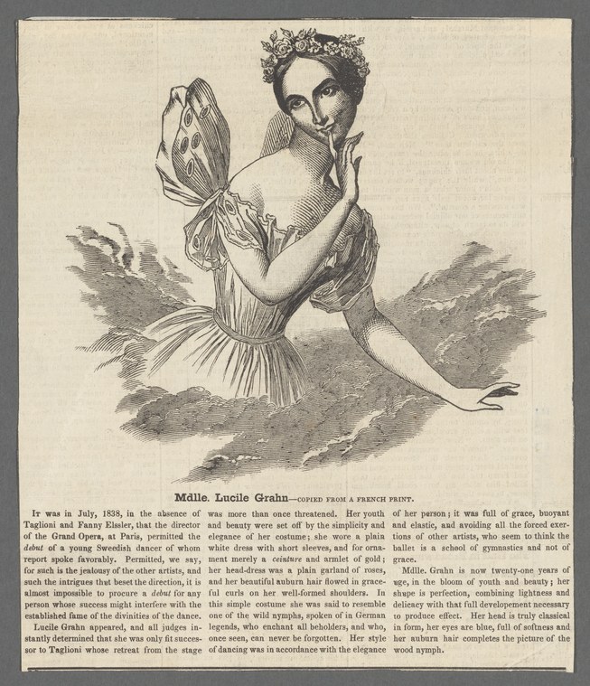 A young woman in a white dress and flowered crown, arms gracefully posed, holding a butterfly, in an engraved portrait.