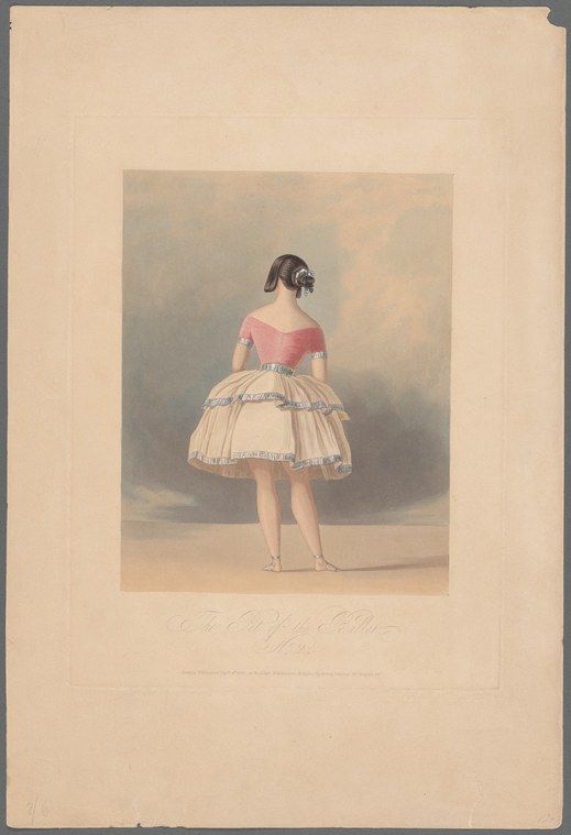 Young female dancer in pink bodice and voluminous pale tutu, balanced on pointe, viewed from behind against gray background.