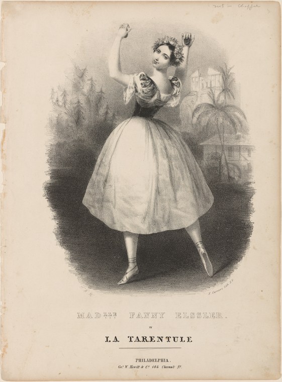 Lithographic print of a young woman in a white tulle skirt in a classical ballet pose en pointe with one arm raised, forest and building visible in shadowed