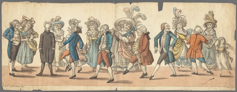 Hand-colored engraving showing a line of 15 figures in 18th-century dress, men and women alternating, moving across the composition in an orderly procession.