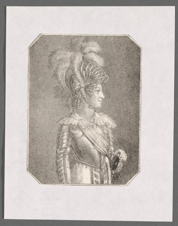 A woman in 17th-century court dress stands in profile, wearing an ornate corseted bodice and an elaborate tall headdress.