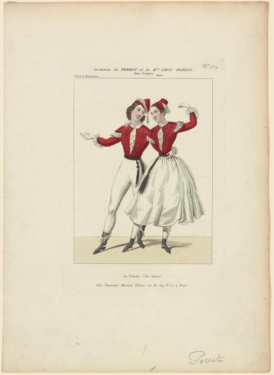 Hand-colored engraving showing two identically-posed dancers in red jackets and white skirts with arms extended, labeled as costumes for Perrot and Mme Grisi
