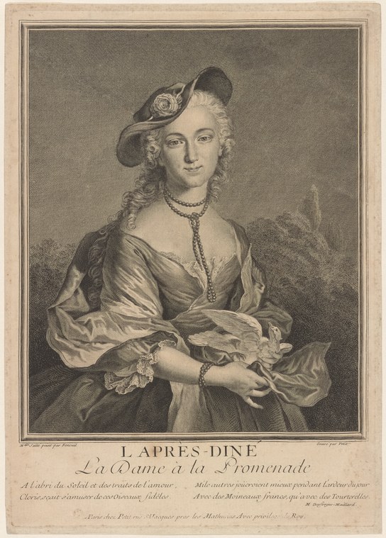 Engraved portrait of a fashionable woman in 1780s court dress, standing in elegant posture during a promenade.