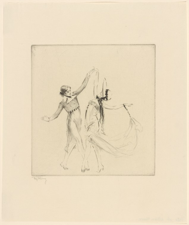 A female ballet dancer in a classical tunic, posed in contrapposto with raised arms holding aloft a billowing veil.
