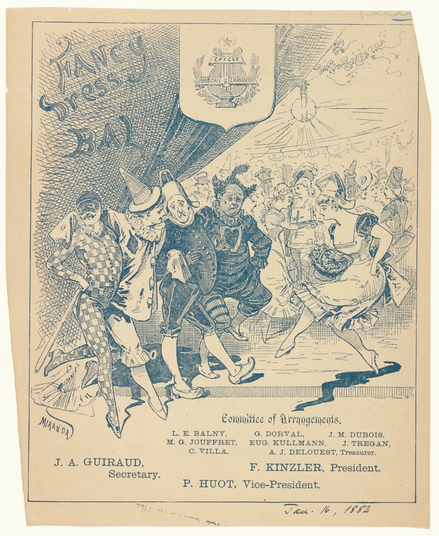 Pen-and-ink engraving of a masquerade ball: costumed figures in animated movement around a parasol, with heraldic emblems above.