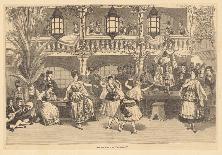 Woman in ballet tutu performs an arabesque in a theater foyer, surrounded by spectators in formal dress, 19th-century engraving.