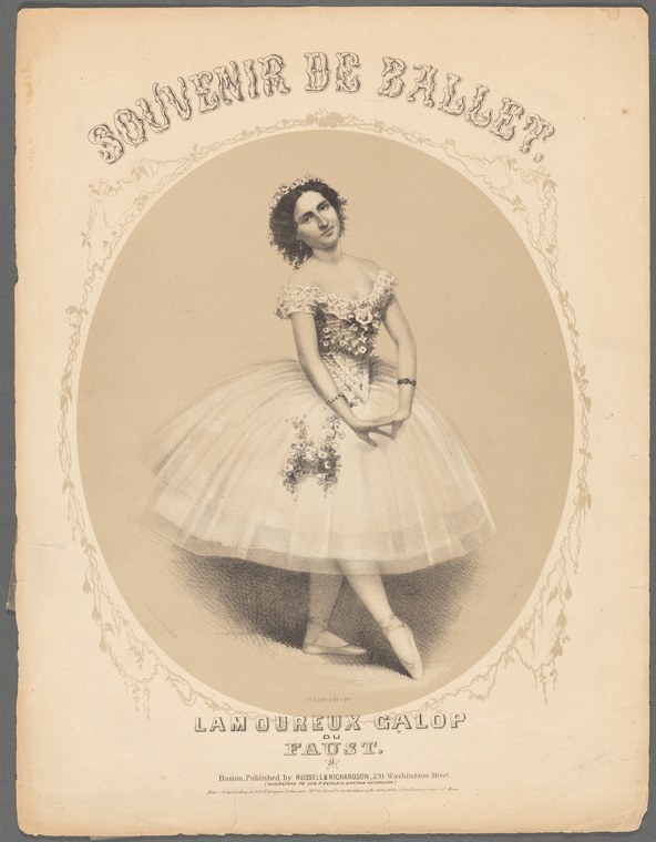 A young woman in Romantic ballet costume—white tulle skirt and jeweled bodice—stands alone in a composed pose within an ornate oval frame.