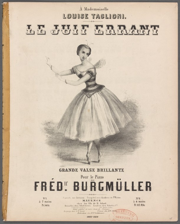 Black-and-white engraving of a woman in Romantic ballet costume with transparent skirt, arms raised in expressive gesture.