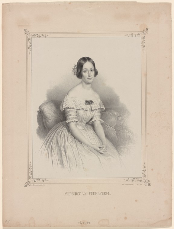 Stipple engraving portrait of a young woman in an off-shoulder ball gown, identified as Augusta Nielsen, standing in a composed, frontal pose.