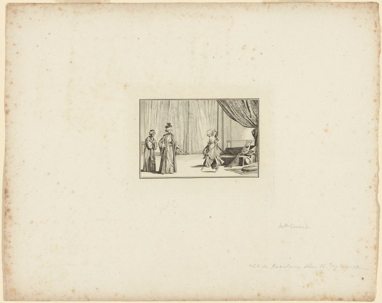 A woman in neoclassical costume stands at center, one arm raised in dramatic gesture, while two male figures in formal dress attend from the left. Engraving.