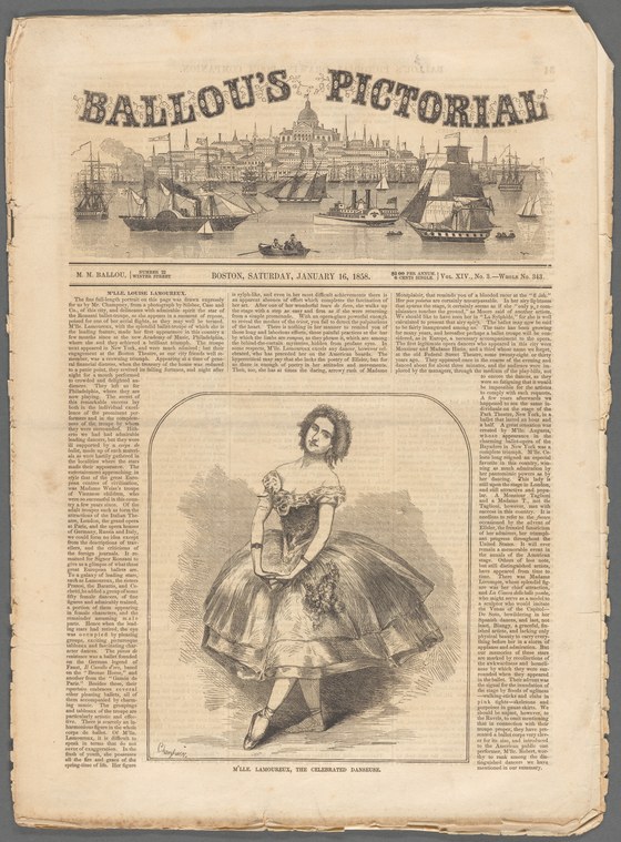 Wood-engraved portrait of a young female ballet dancer in Romantic-era costume—fitted bodice, short tulle skirt, puffed sleeves—standing in an upright pose