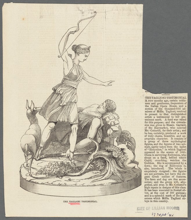 Engraving of Marie Taglioni posed gracefully at the center of a sculptural composition surrounded by allegorical and mythological figures.