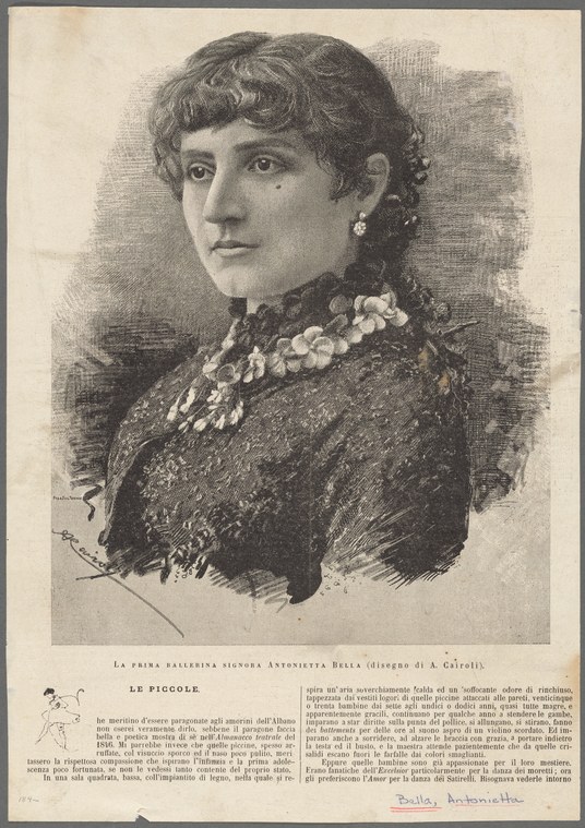 Portrait engraving of a young woman in early 20th-century dress with dark waved hair and a choker of white flowers