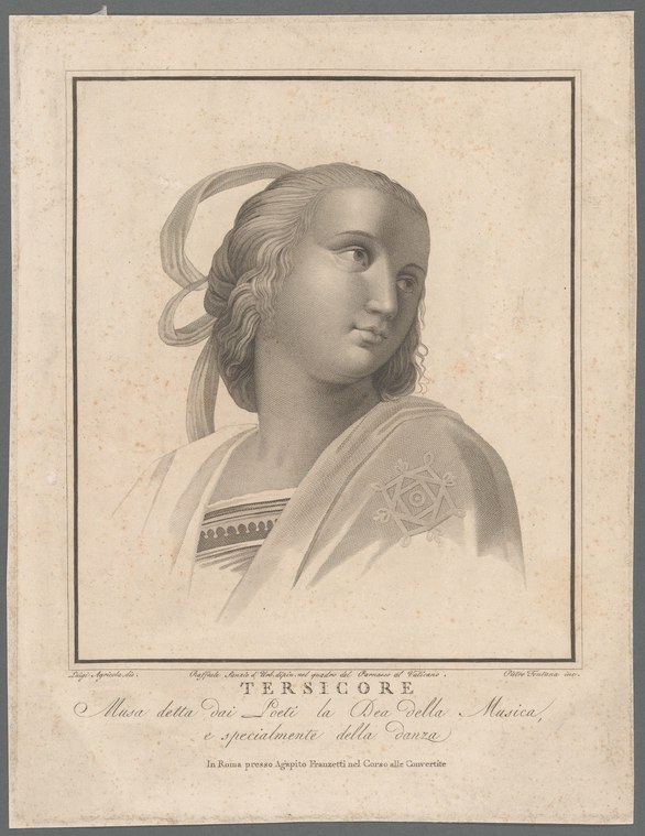 Engraved portrait of a young woman with long wavy hair and classical drapery, identified as Terpsichore, muse of dance.