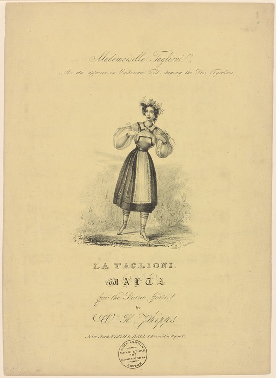 Lithographic portrait of a young woman in a Tyrolean costume with puffy sleeves and full skirt, arms raised, wearing a floral headdress, standing alone against