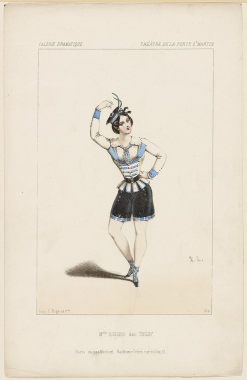 Hand-colored lithograph of a female performer in blue and white corset, black skirt, and feathered hair, posed energetically with raised arm and hand on hip.